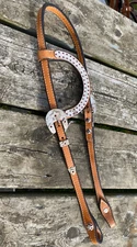 Congress Leather  Western show headstall w/silver overlay & red stones US made