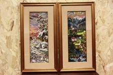 Coppia di quadri mezzopunto raffiguranti paesaggi con cornice ricami embroidery