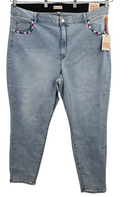 Knox Rose Jeans 22W Blue High Rise Straight Stretch Boyfriend Embroidered Boho