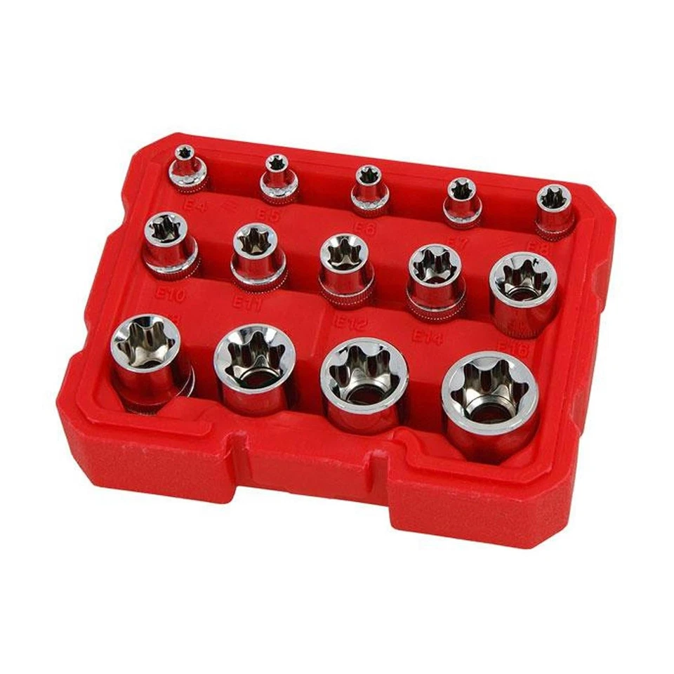 14pc E Torx Star Bit Female E Socket Set In Storage Case 1/4" 3/8" Drive Socket - Image 2 of 4