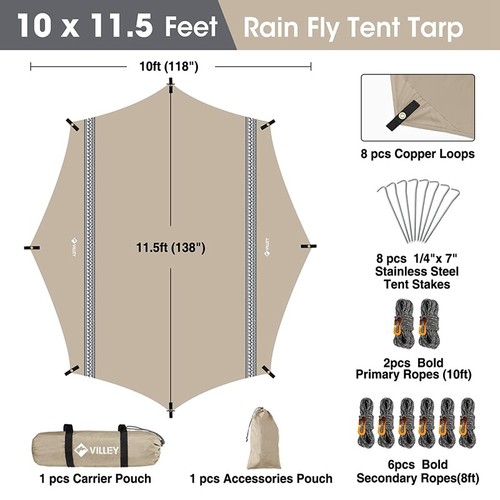 VILLEY Rain Fly Octagonal Tarp Camping Tarp Waterproof Hammock Tent Sun Shelter - Picture 3 of 12