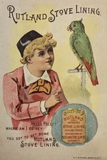Rutland Stove Lining Polly Parrot Bird 1890 Victorian Trade Card Marlborough NY