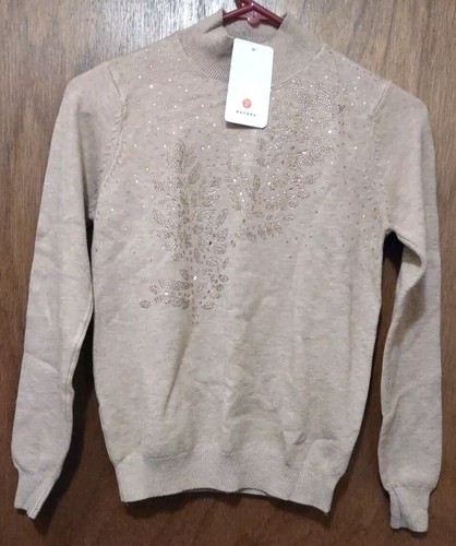 Women's Sz S Cashmere/Cashmere Mink Tan Sweater Rhinestone Embellished NEW Soft! - Picture 2 of 8