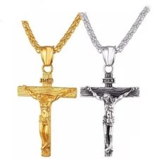 Mens Silver Plated Steel Jesus Christ Crucifix Cross Pendant Necklace Chain Gift