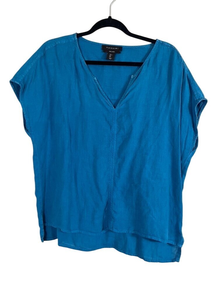 Tahari Linen Top L Blue Coastal Preppy Neutral Minimalist Old Money Classic