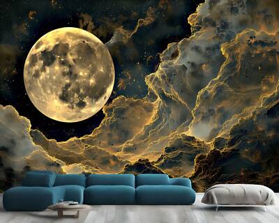 Vollmond in goldener Wolke Nacht Tapete Wandbild abnehmbar abziehbar abziehen & kleben