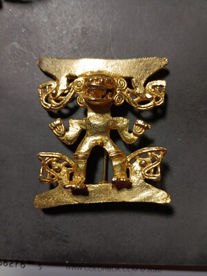 Chunky Golden Mayan Aztec Indian Brooch Alva Museum  Replica 2''×2'' Brooch Pin