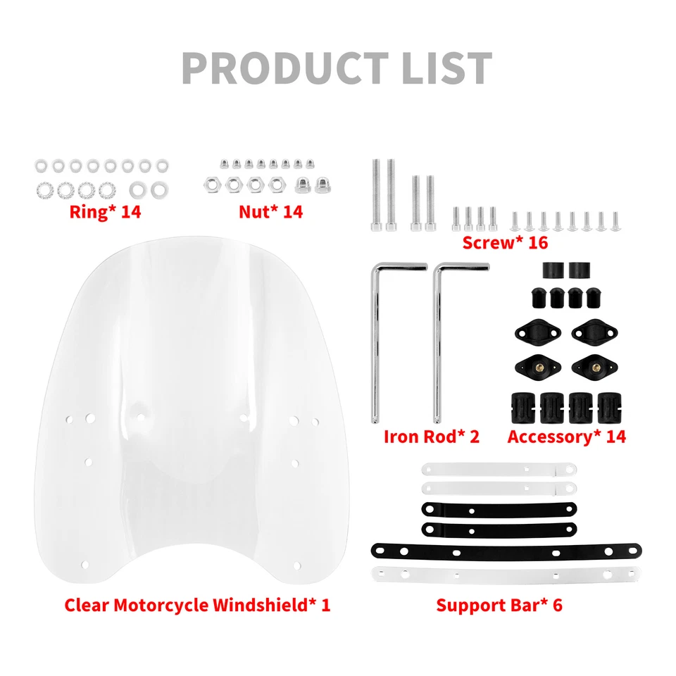 Parabrisas transparente de 18" x 16" apto para manillar universal de motocicleta de 7/8" 1" 1,25" Foto 2 de 4