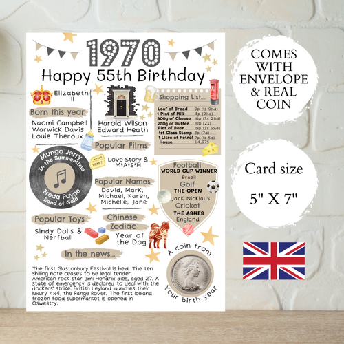 55th Birthday Card With 1970 Coin & Envelope - Choose your Card Colour -British - 第 1/6 張圖片