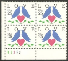 US USA Sc# 2440 var MNH FVF PLATE # BLOCK Love Birds Heart 12.5x13 Pl#Top/Bot
