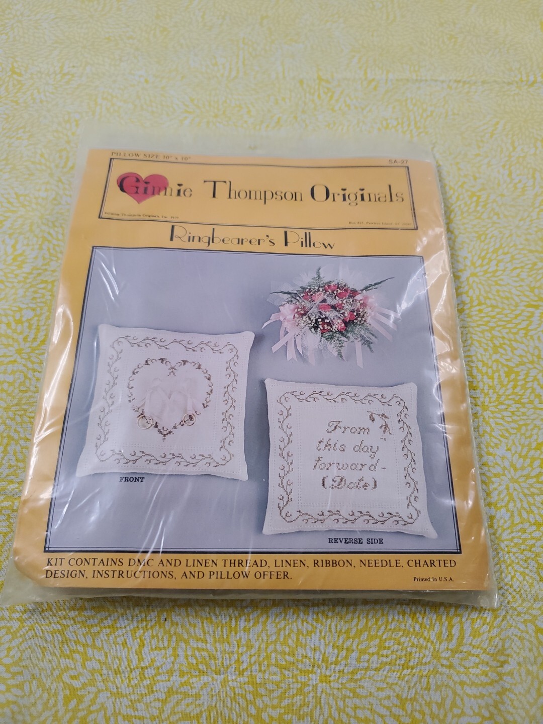 VTG 1977 Ginnie Thompson Original Ringbearer Pillow Cross Stitch Kit Wedding Day
