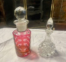 Vintage Perfume Bottles – Cranberry Thumbprint & Cut Glass Pair, 19–22cm