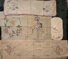 Lot of Embroidered  Items - Unusual Fabric Colors -Tablecloths, Doilies, Runners
