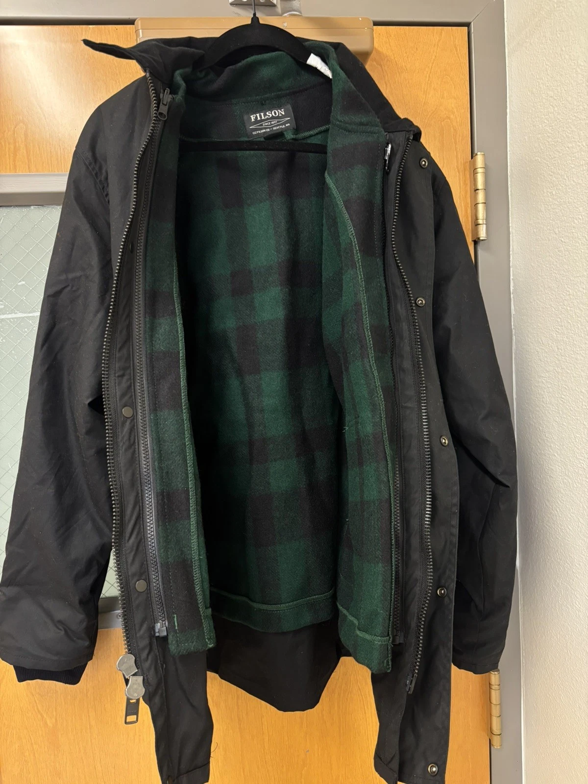 Filson Cover Cloth Mile Marker Coat Black Waxed Cotton W/ WOOL MACKINAW LINER!