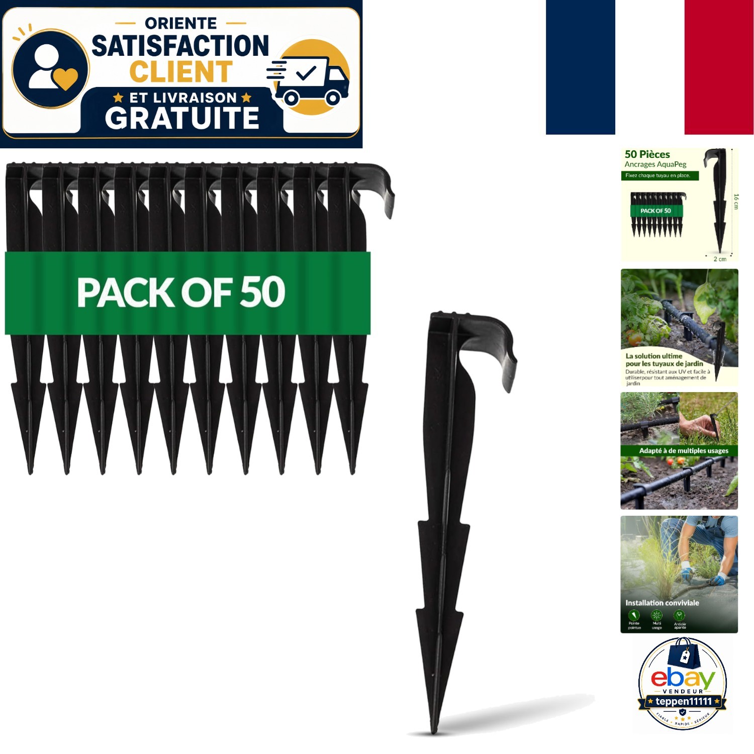 Piquets de Fixation AquaPEG Lot de 50 en Acier Galvanisé Noir 15cm pour Toiles