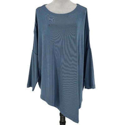 Chicos Travelers Top 1 Womens Medium Blue Blouse Stretch Knit Asymmetric Hem
