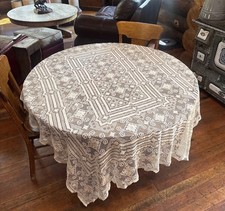 Vintage Hand Crochet Ecru Filet Lace Tablecloth 75 X 55 Inches Circa 1930