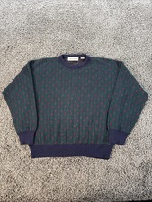 Vintage John Ashford Sweater Mens Large Green Wool Printed Grandpa 90s