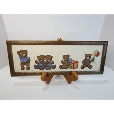 Vintage Teddy Bear Cross Stitch Framed Wall Art Nursery Decor Handmade 16x6