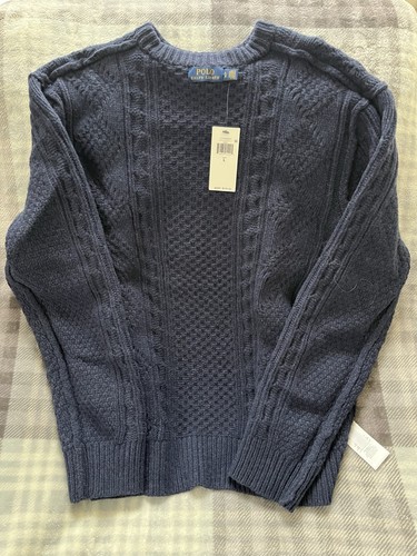 Ralph Lauren Fisherman Cashmere-Wool Thick Cable Knit Sweater Navy L MSRL $228 - Picture 7 of 13