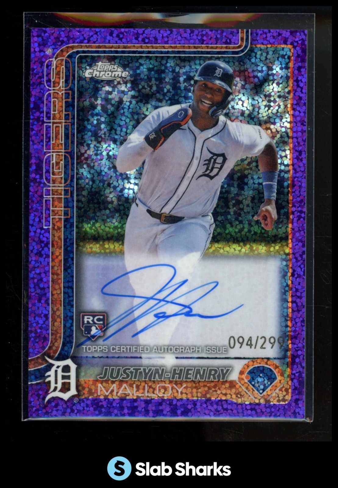 2025 TOPPS CHROME JUSTYN-HENRY MALLOY ROOKIE AUTO PURPLE SPECKLE REF. RC /299