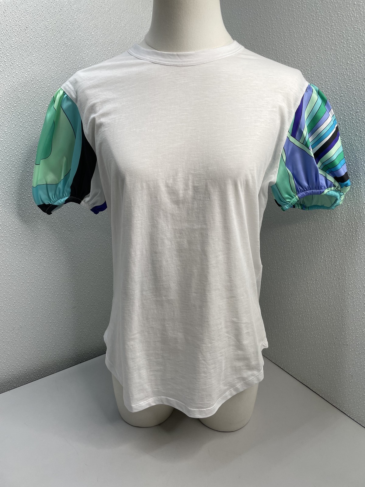 Pucci Womens Shirt White/Multicolor Size L Cotton Printed Puff Sleeve Crewneck