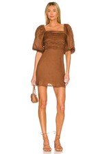 FAITHFULL THE BRAND Venezia Brown 100% Linen Puff Sleeve Mini Dress, Size L