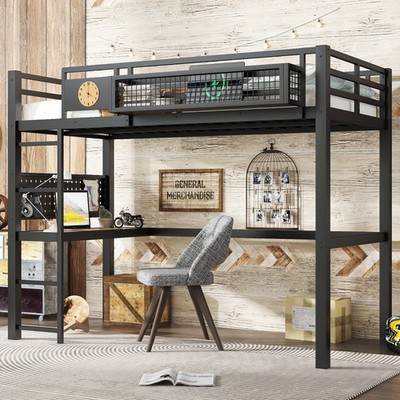 Twin XL Size Loft Bed Frame with Desk,Storage Basket,Clock and Charging Port