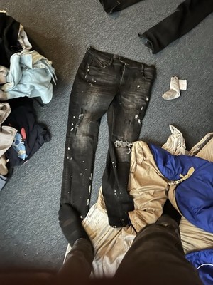 rta Black Distressed Slim Straight Jeans Paint Splatter Cotton Denim Grunge