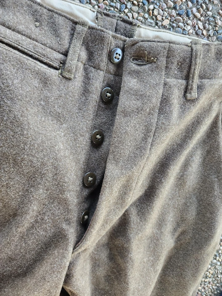 Vintage 40s 50s WW2 Wool Green Five Button Fly Military Pants 29x31 - Image 2 of 4