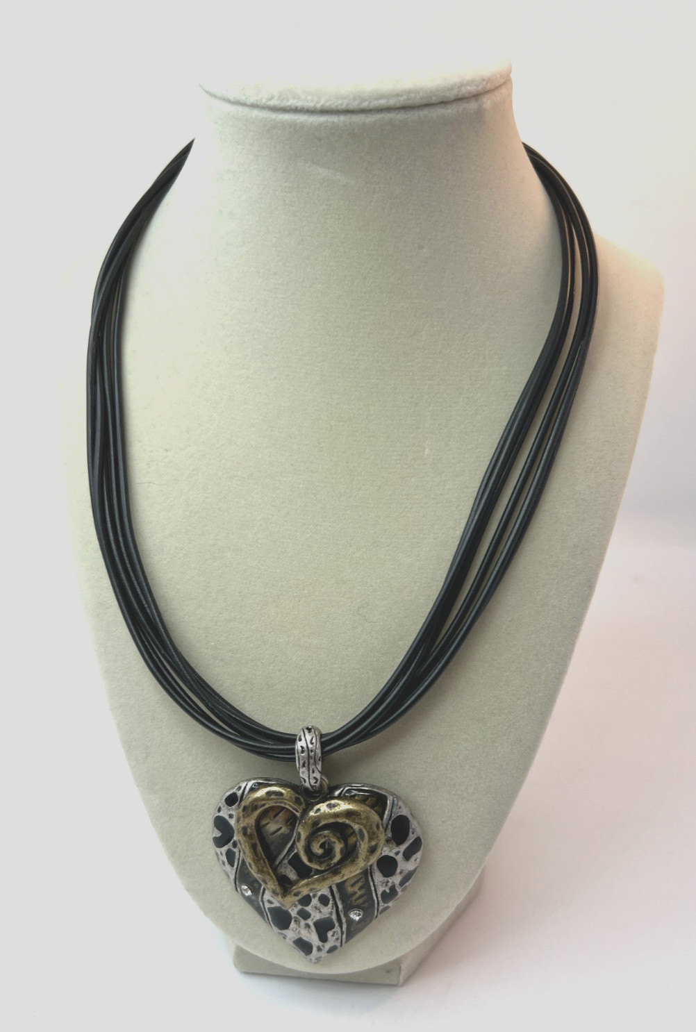 5 Strand Black Cord Necklace with Open Gold Tone & Silver Tone Heart Pendant 18