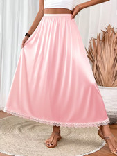 New Feminine Vintage Style Ruffle Lace Hem Silky Long Pink Half Slip Plus 2X