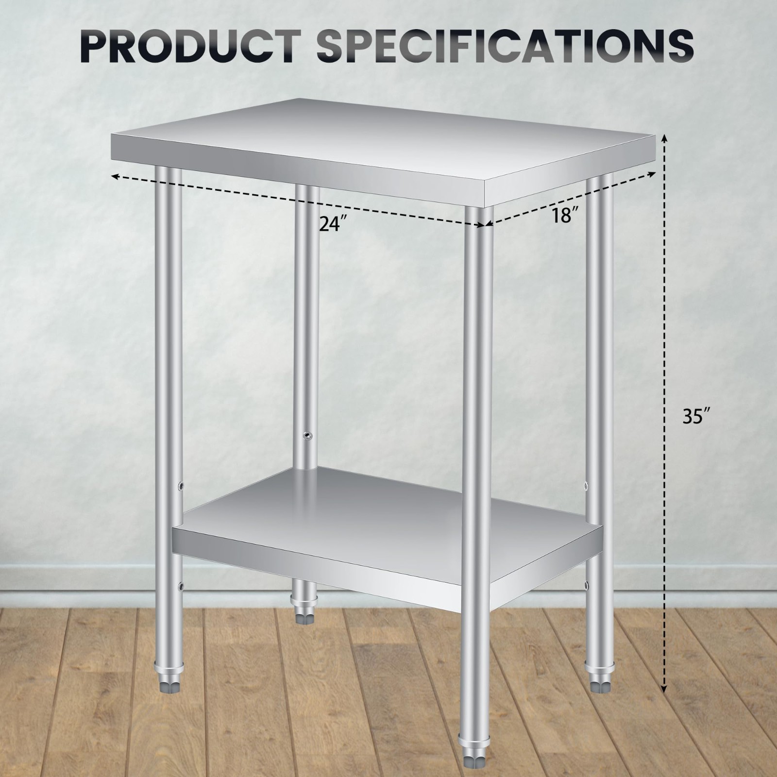18" x 24" Stainless Steel Table, 2 Tier Small Commercial Kitchen Prep Table