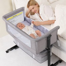 Baby Bassinet Bedside Crib Adjustable Height, Foldable Travel Sleeper w/ Basket