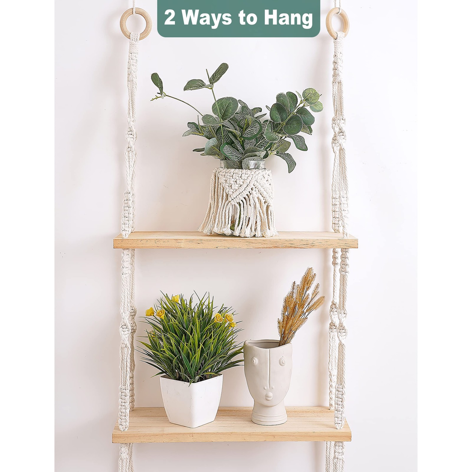 Boho 3-Tier Wooden Plant Shelves - Macrame Wall Hanging Storage for Apartment...