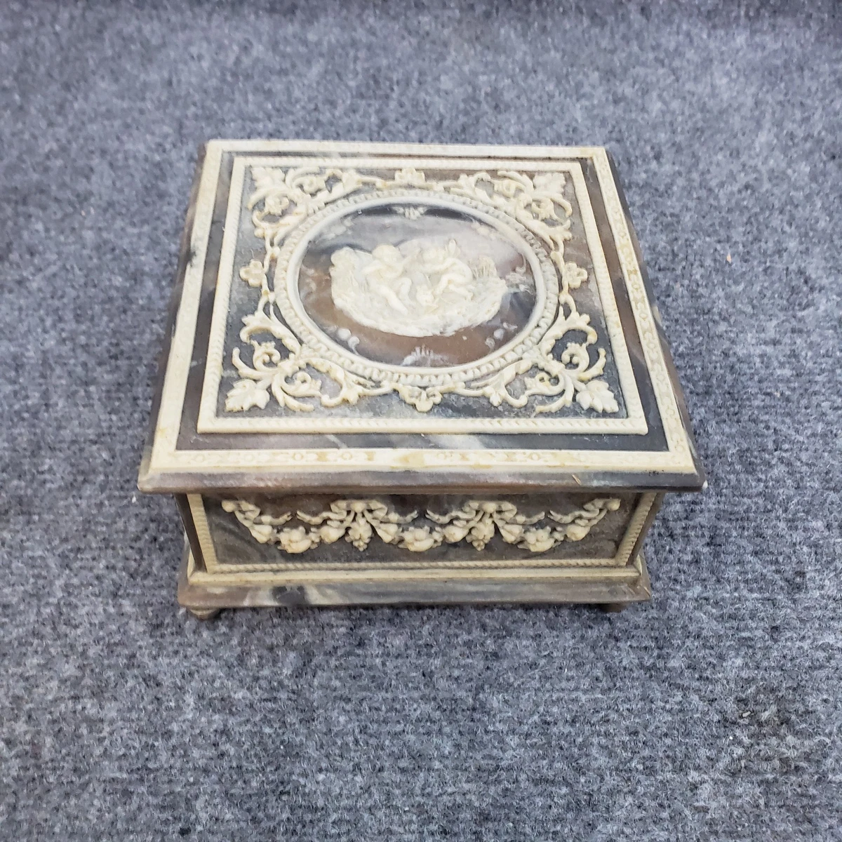 Vintage Incolay Stone Composite Jewelry Box Cherub Angels & Floral