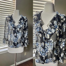 Vtg Y2K 90s Blouse Sz 12 Blue Floral Sheer Ruffle 3/4 Sleeve Romantic Whimsigoth