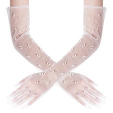 Mifengda Pearl Tulle Wedding Gloves - Long, Elbow Length, Medium, White