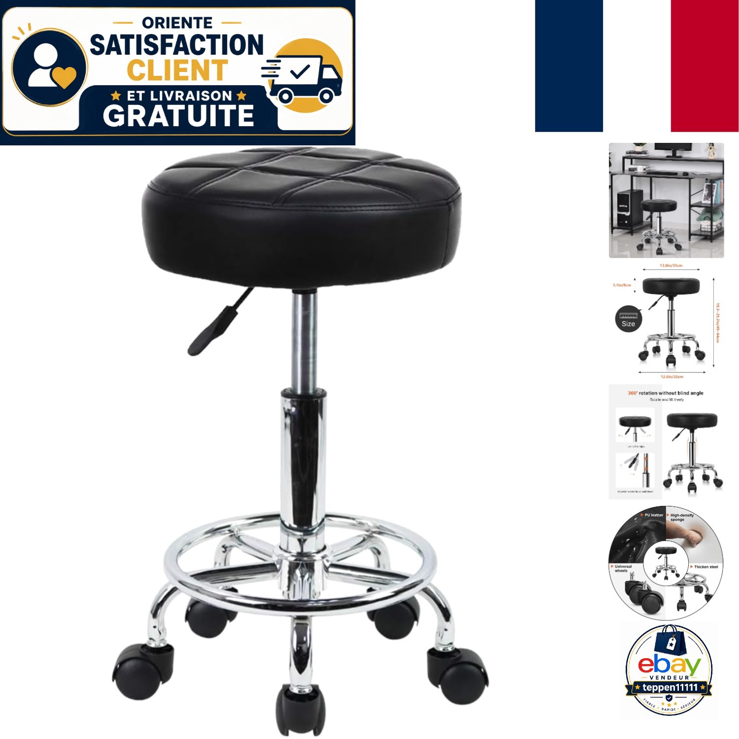 Tabouret de bureau réglable hauteur 49-64 cm assis-debout noir roulettes