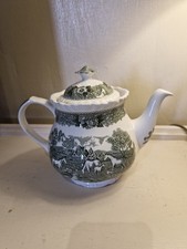 Adams Ironstone English Scenic Teapot In Green, Depicting Horses.