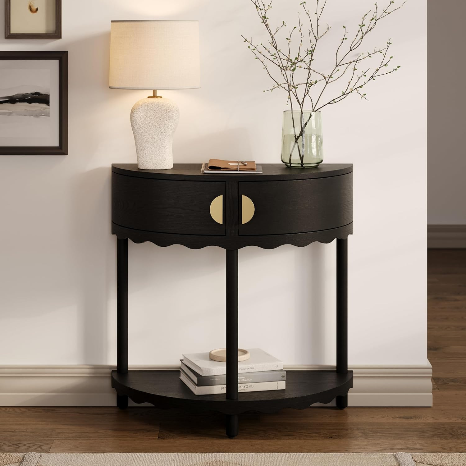 Scalloped Skirt Half Moon Console Table - Small Entry Desk with Storage for Narr