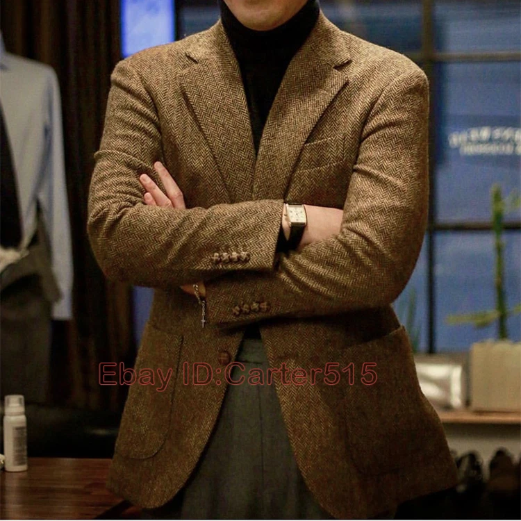 Men's Retro British Tweed Jacket Brown Wool Tweed Suit Herringbone Slim Fit  Coat | eBay