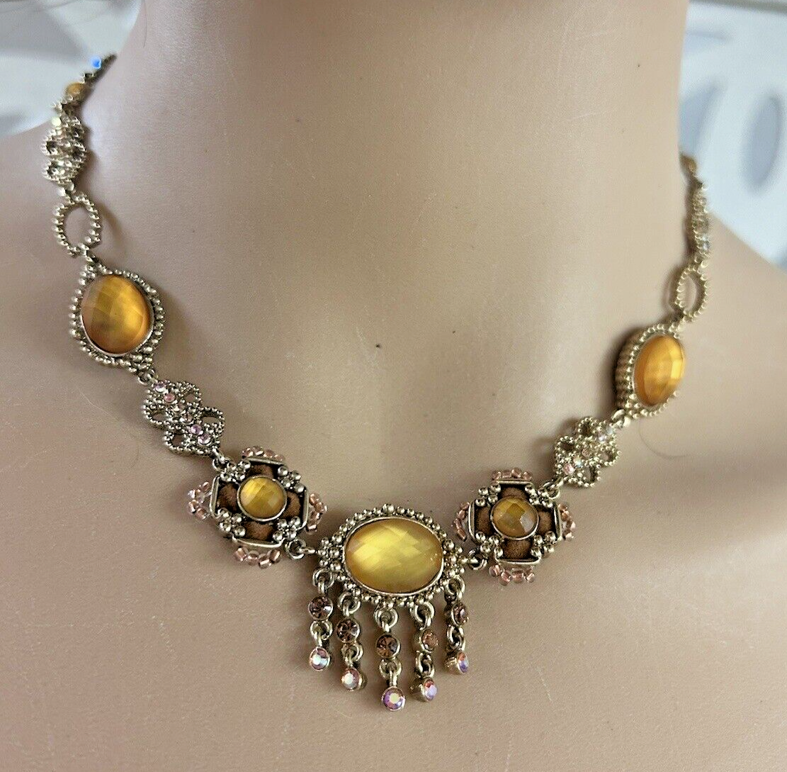Victorian Revival Necklace Cut Amber Stones AB Rhinestones Gold