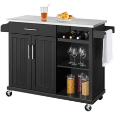 Kitchen Island Cart with Stainless Steel Top & Storage & Wine Rack & Spice Rack