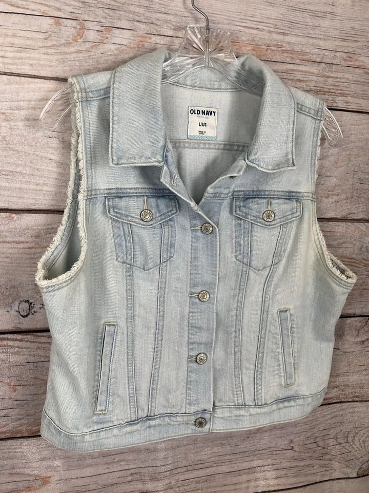 Chaleco Antiguo Azul Marino Claro Denim Botón Frontal ELASTIZADO USADO EN EXCELENTE ESTADO Niña Talla Grande Foto 2 de 4