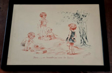 Gravure signée d'E.NAUDY, intitulée "Nous.....on travaille pas avec les femmes"