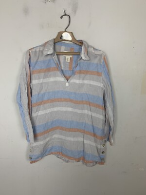 Cynthia Rowley Womens Blue Orange Striped 100% Linen Tunic Top Size L Button
