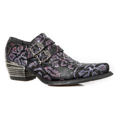NEW ROCK 7960-S8 Shoe EMBOSSED VINTAGE Black Leather Buckle Steel Heel Shoes