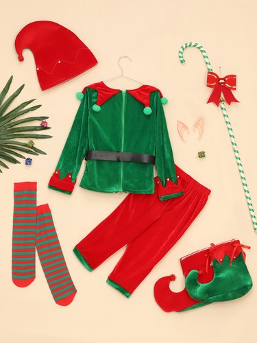 Unisex Kids Christmas Elf Outfit Velvet Santa Claus Cosplay Costume +Accessories - Picture 10 of 17