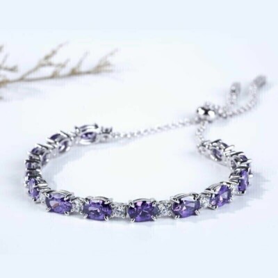 12 kt Ovalschliff Lab Created lila Amethyst Bolo Armband in 925 Sterlingsilber